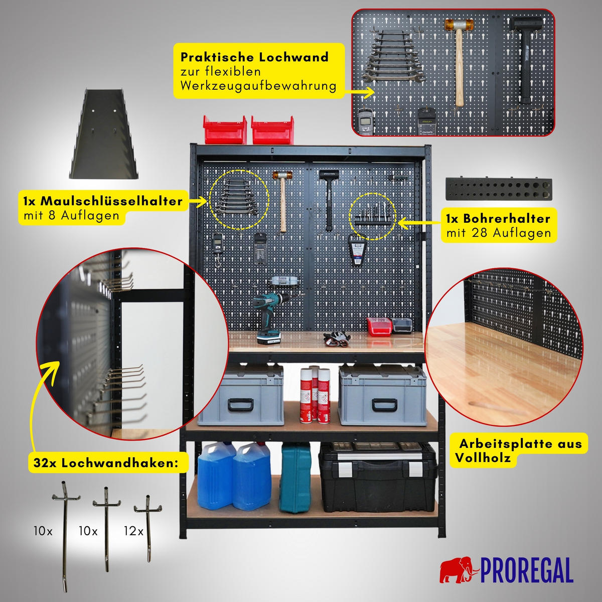 WERKBANK Giant Beast mit Lochwand 180x120x60 cm Fachlast 175 kg Schwarz - Schwarz, Metall (120/180/60cm) - PROREGAL