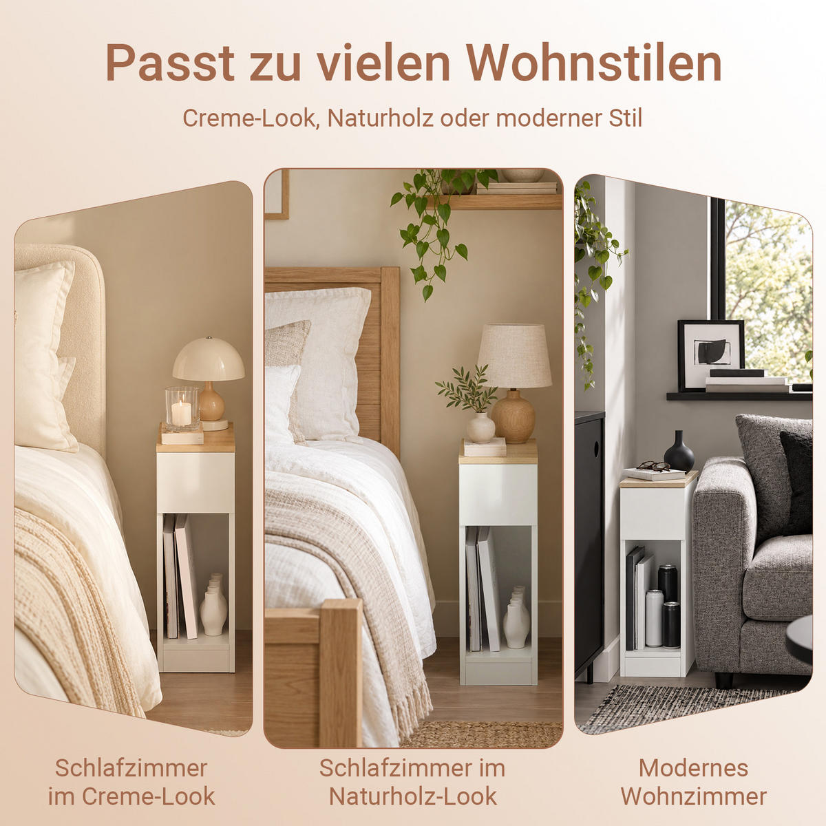 NACHTTISCH 2er-Set, 20 cm schmal, Weiß-Natur mit hellholzfarbener Platte, 20x35x60 cm - Weiß, Holzwerkstoff (20/60/35cm) - SoBuy