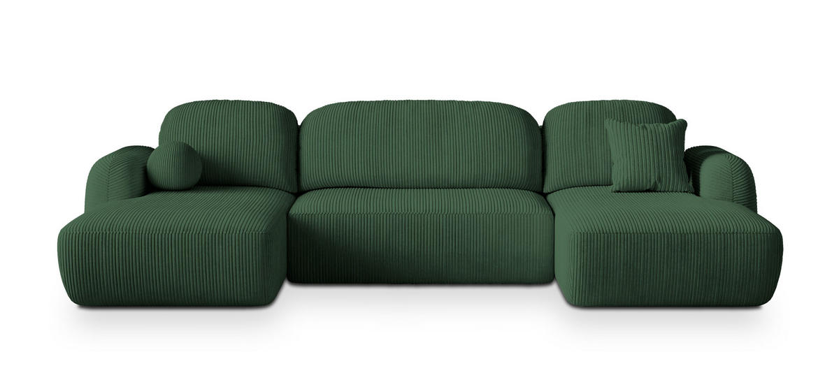 WOHNLANDSCHAFT SAVONA P Grün Kordstoff mit Schlaffunktion - Grün, Holz (320/90/148cm) - MASSENO