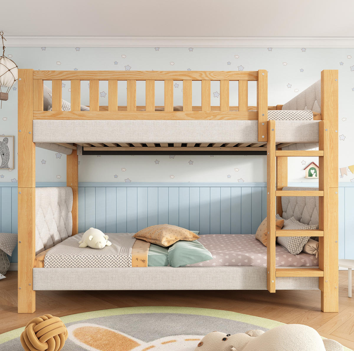 ETAGENBETT 90/200 cm grau/natur aus Kautschukholz und MDF mit gerader Treppe - Grau, Holz (90/200cm) - OKWISH