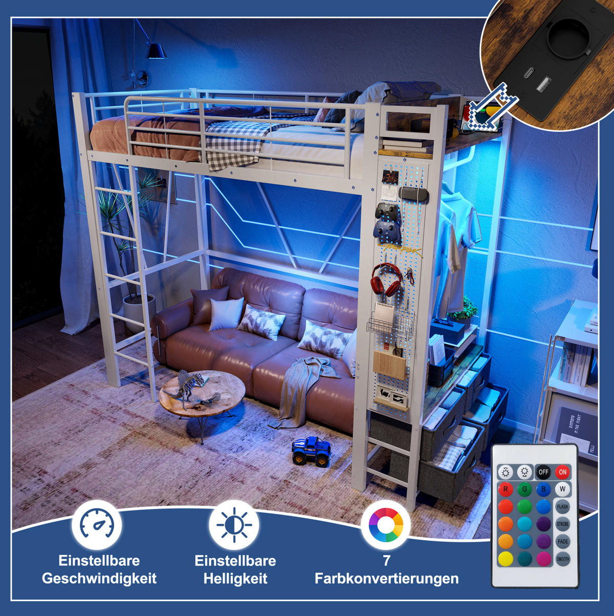 HOCHBETT 90/200 cm Eisenrahmen mit 4 Schubladen und USB-Anschluss mit Matratze - Weiß, Metall (90/200cm) - OKWISH