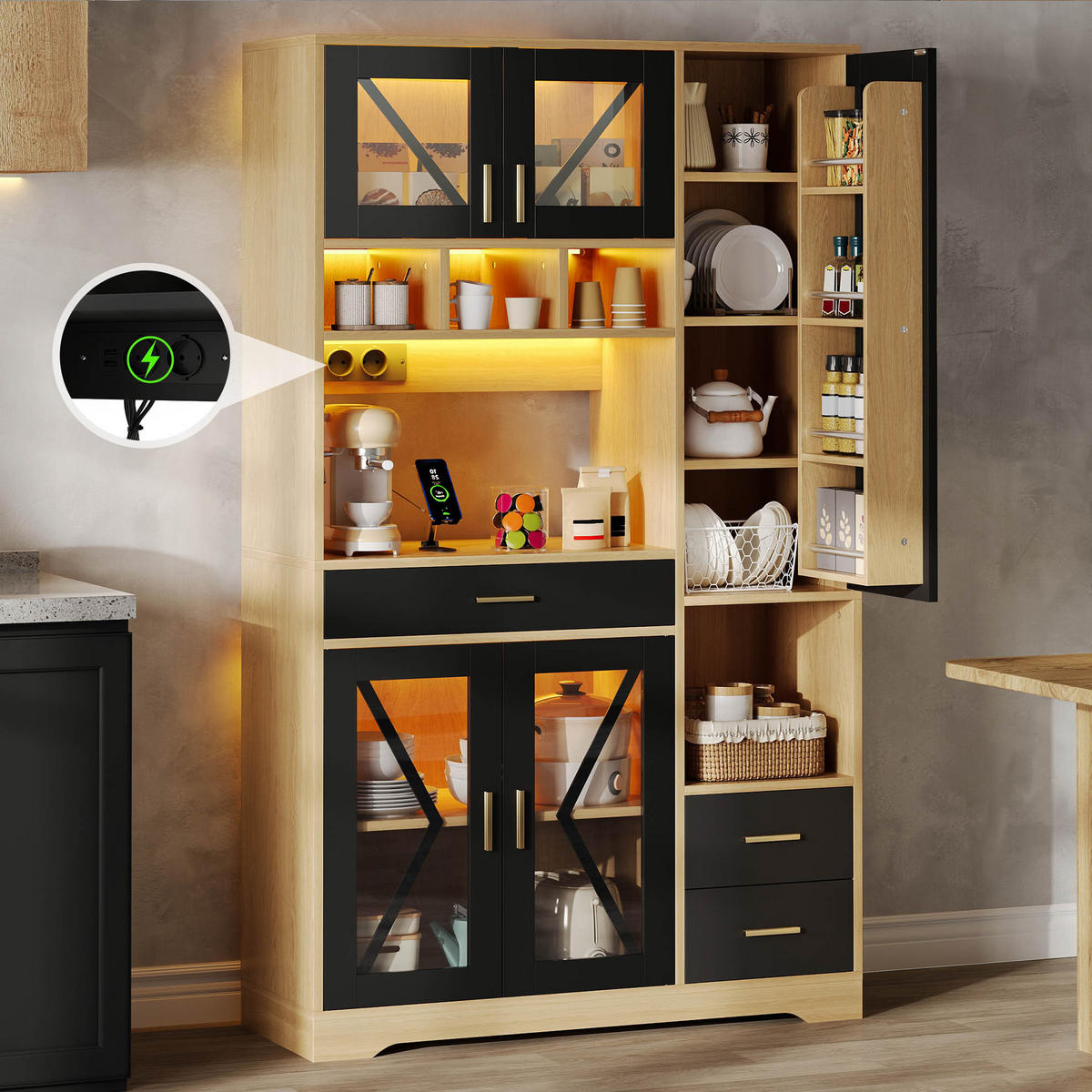 BUFFETSCHRANK Schwarz-Naturfarben 105/40/185 cm - Schwarz, Holz (105/185/40cm) - PANGIVO