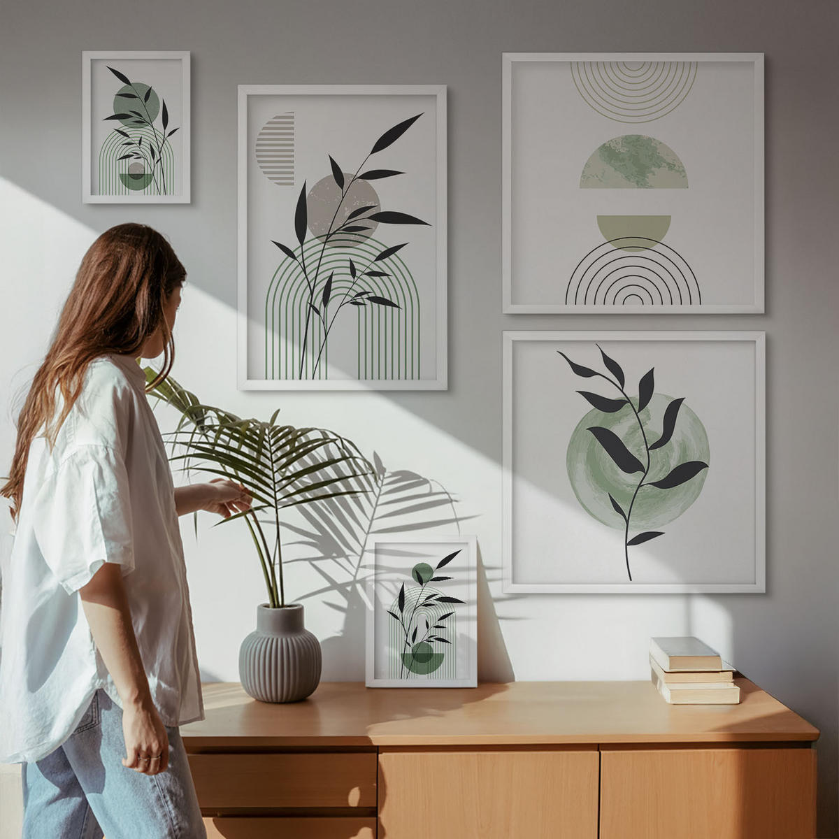 WANDBILDER 5er-Set - 50x50 cm & 20x30 cm & 40x60 cm Weißer Rahmen - Boho-Pflanzenkompositionen - Weiß, Kunststoff (40/60cm) - ArtPrintCave