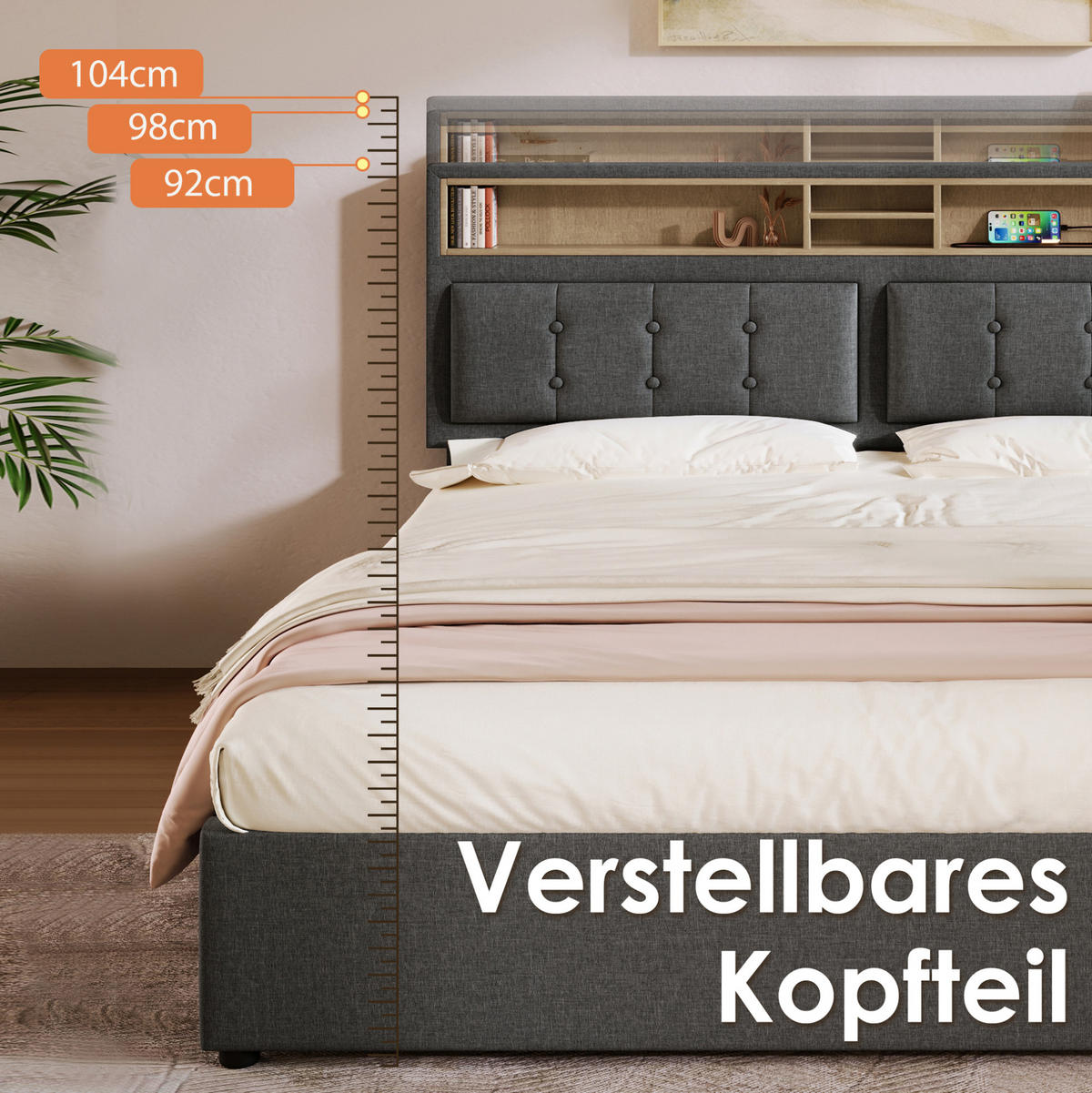 POLSTERBETT 160/200 cm mit 4 Schubladen, USB/Steckdosen & verstellbarem Kopfteil, Grau - Grau, Textil (160/200cm) - Redom