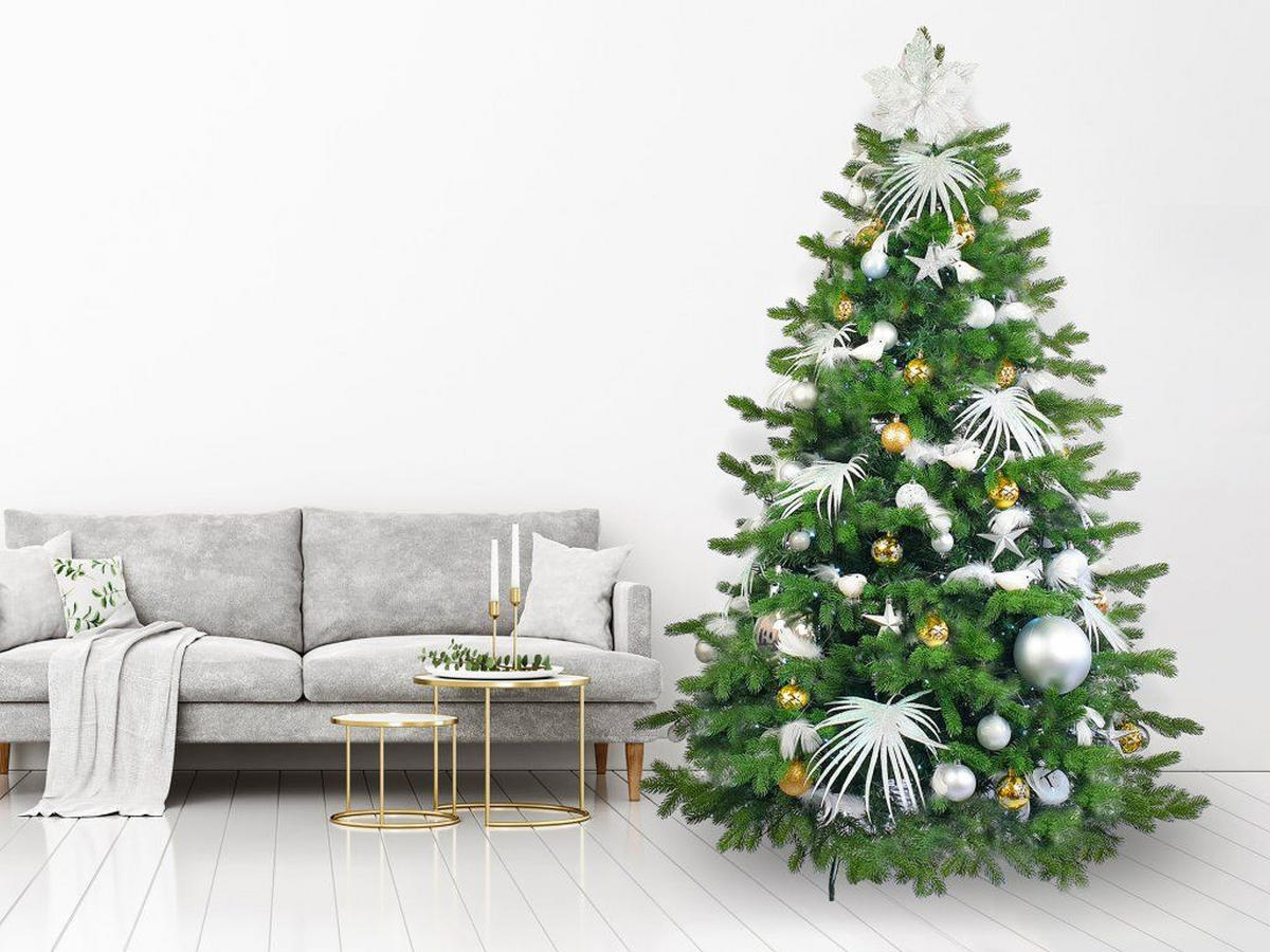 WEIHNACHTSBAUM künstlicher 150 cm, POLAR GOLD II, mit 133-teiligem Weihnachtsbaumschmuck, inkl. Metallständer und Aufbewahrungsbox - Silberfarben/Goldfarben, Kunststoff/Metall (104/150cm) - LAALU