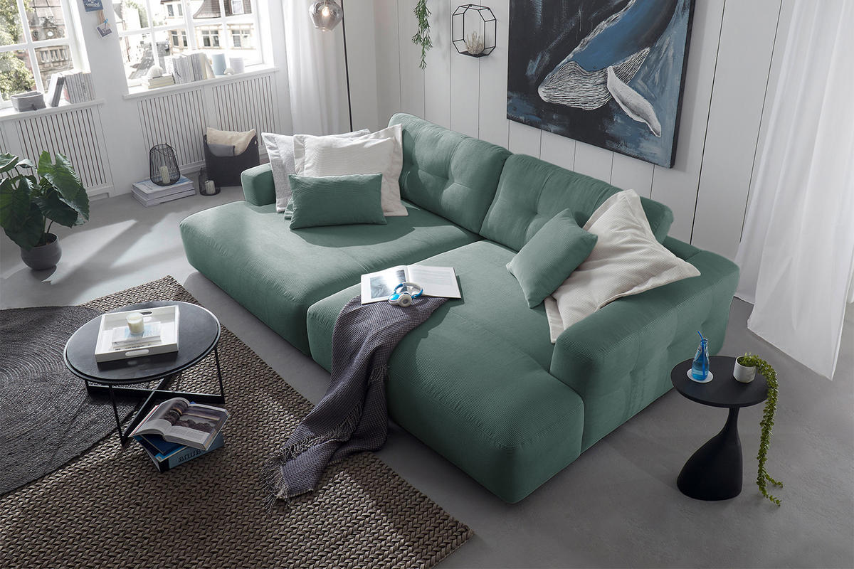 BIG SOFA MIKA Grün Cord - Türkis/Schwarz, Kunststoff/Textil (300/86/167cm) - KAWOLA