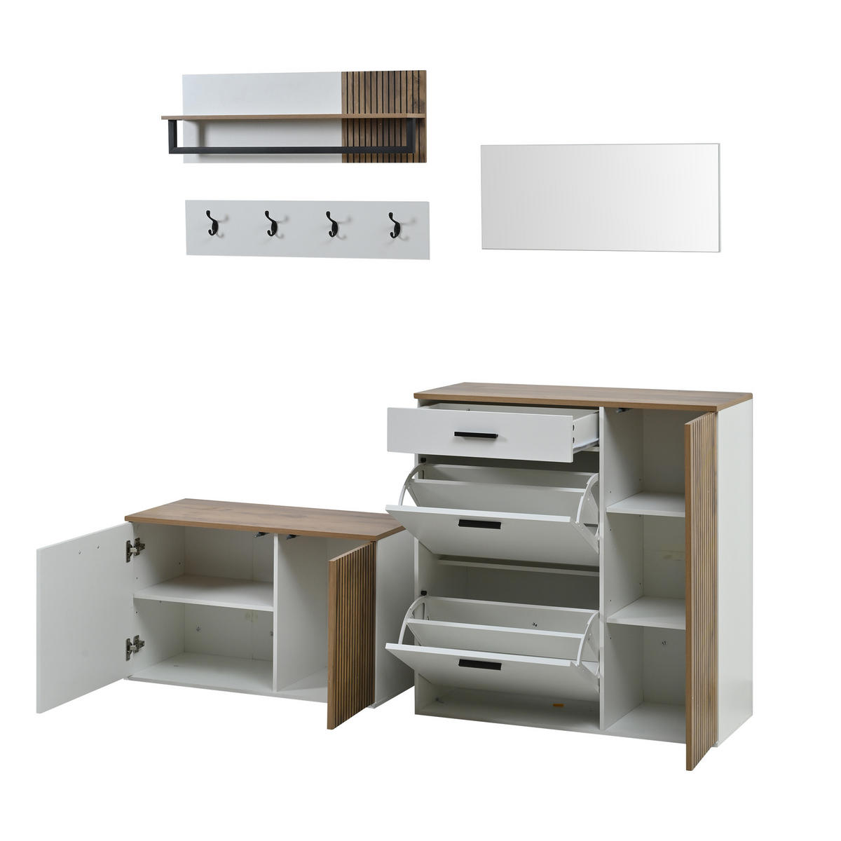 GARDEROBE-SET 5-teilig Schuhschrank Schuhbank Spiegel Haken - Multicolor, Holzwerkstoff (85/85/36cm) - FLIEKS
