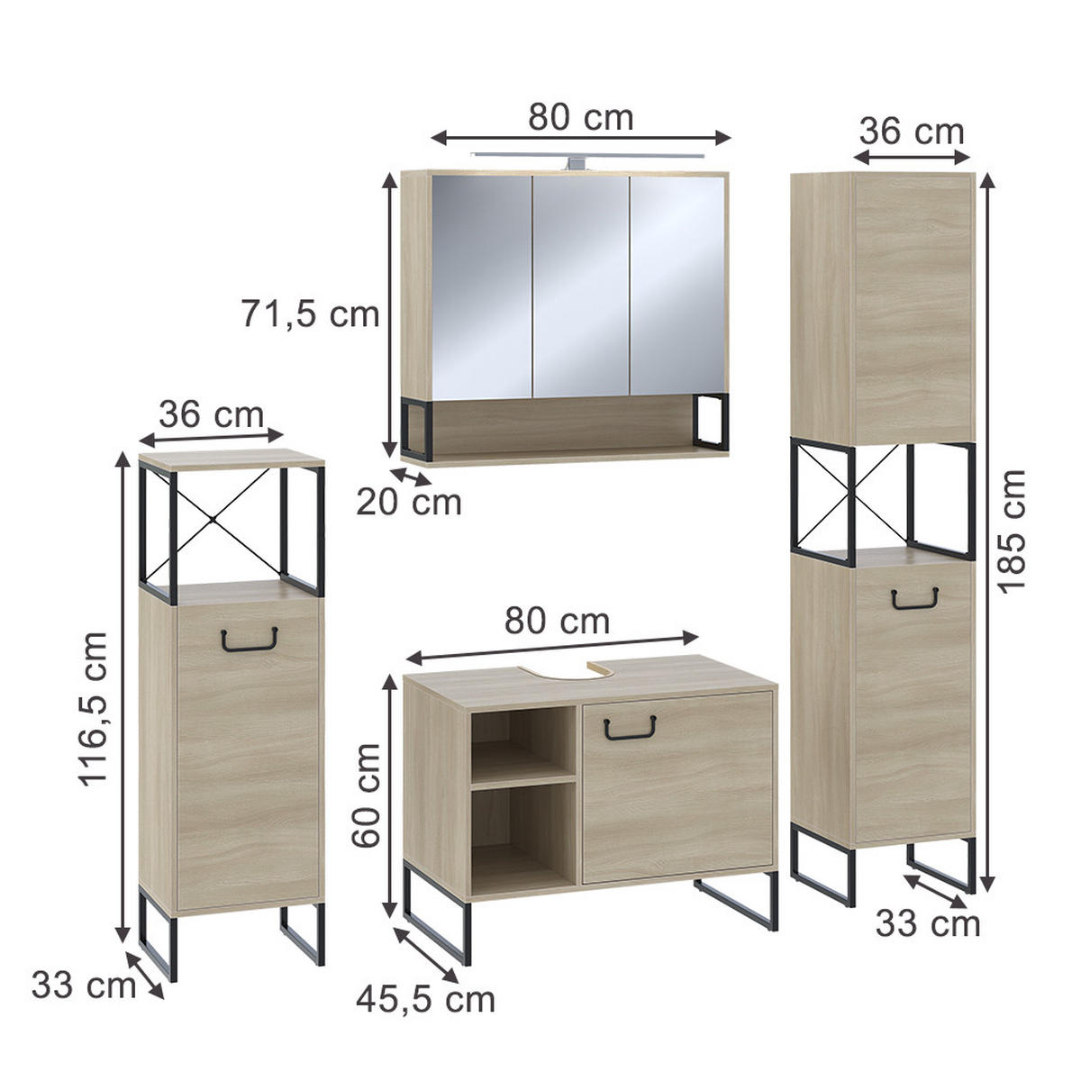 BADMÖBEL-SET Vionna Eiche/Schwarz 4 Teile - Eichefarben/Schwarz, Holzwerkstoff (80/60/45.5cm) - Vicco