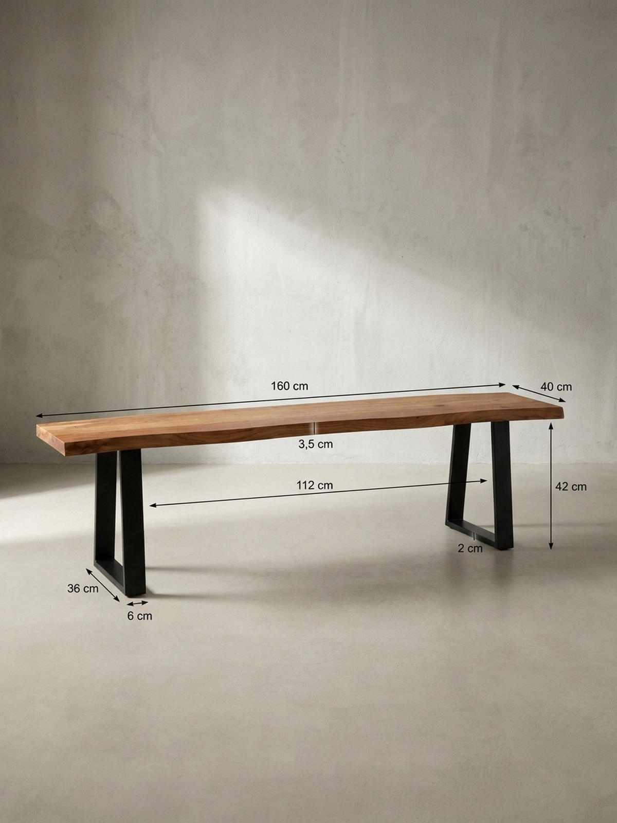 ESSZIMMERBANK Massivholz Metall Baumkante ohne Lehne, Akazie 160x40x46 cm - Schwarz/Braun, Holz/Metall (160/46/40cm) - KADIMA DESIGN