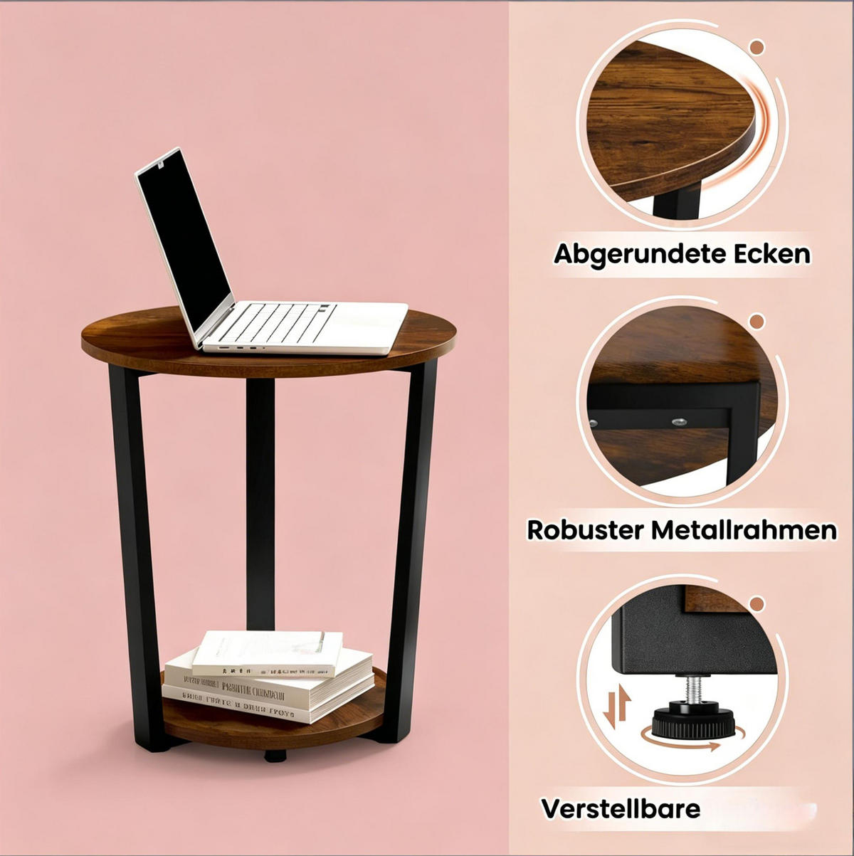 BEISTELLTISCH 50/50/53 cm mit 2 Ablagen und Metallgestell im Vintage-Stil, Rustik Braun - Braun, Holzwerkstoff (50/50/53cm) - Redom