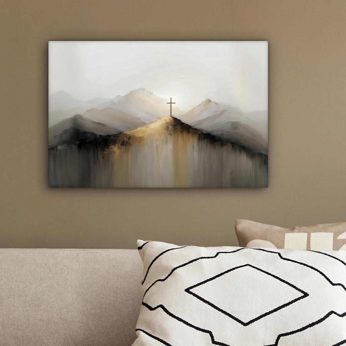 LEINWANDBILD Hügel - Abstrakt - Kreuz - Christentum Deko Schlafzimmer 30x20 cm - Beige, Textil (30/20cm) - MuchoWow