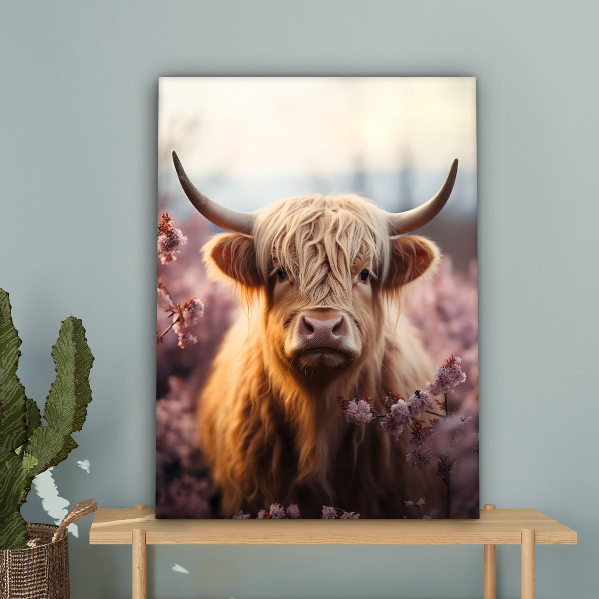LEINWANDBILD - Schottischer Hochländer - Frühling - Hochland - 60x80 - Gemälde - Hellrosa, Textil (60/80cm) - MuchoWow