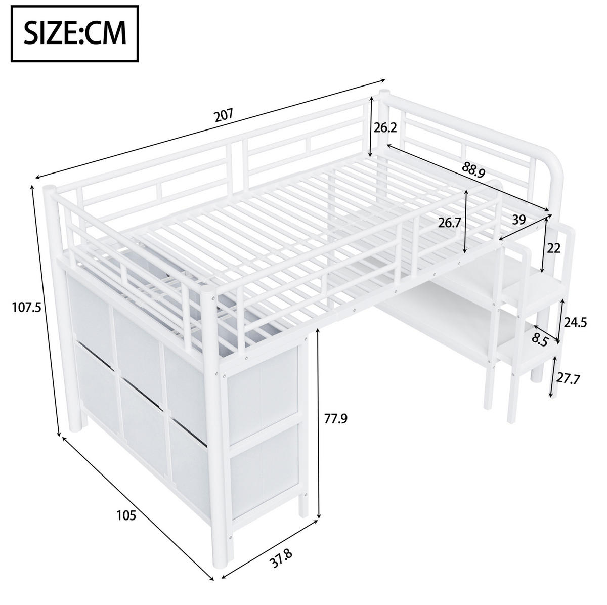 HOCHBETT 90/200 cm Weiß aus Metall mit Stauraum - Weiß, Metall (90/200cm) - OKMYHOME