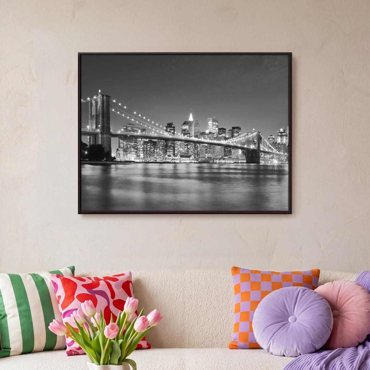 LEINWAND Bilder mit Rahmen - New York - Brücke - Brooklyn - Schwarz und weiß - Architektur - 80x60 - Schwarz, Textil (80/60cm) - MuchoWow