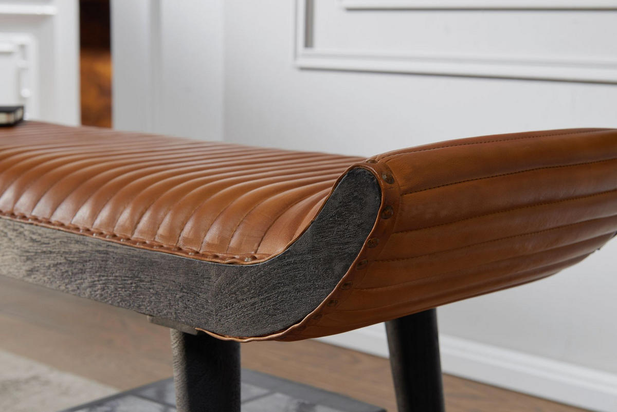 SITZBANK – Echtleder, 125x51x38 cm, Nietenrand, Massivholzbeine - Schwarz/Braun, Mangoholz/Leder (125/51/38cm) - KADIMA DESIGN