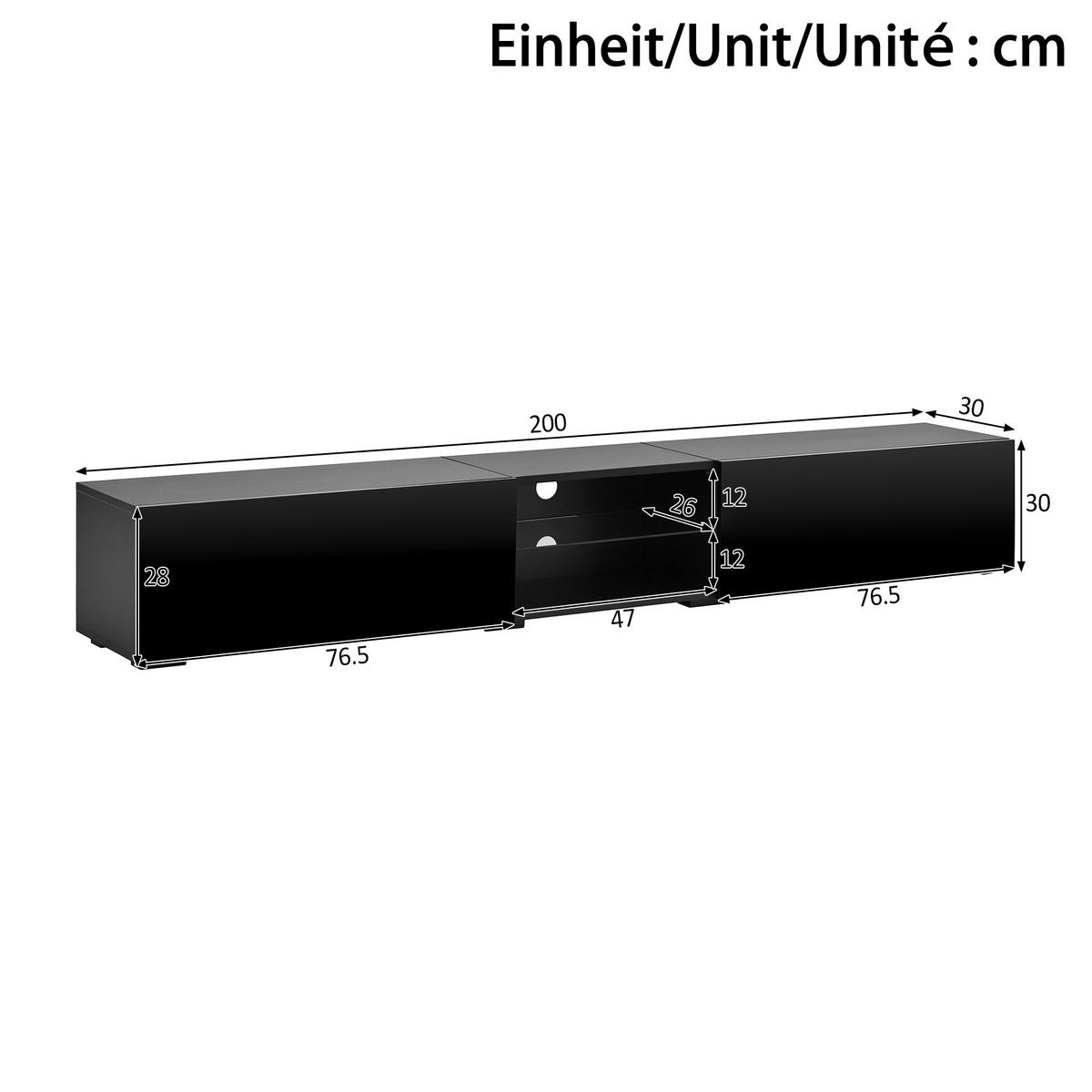 TV-SCHRANK 200/30/30 cm Schwarz mit LED-Beleuchtung und 2 Türen - Schwarz, Holzwerkstoff (200/30/30cm) - Oxeza