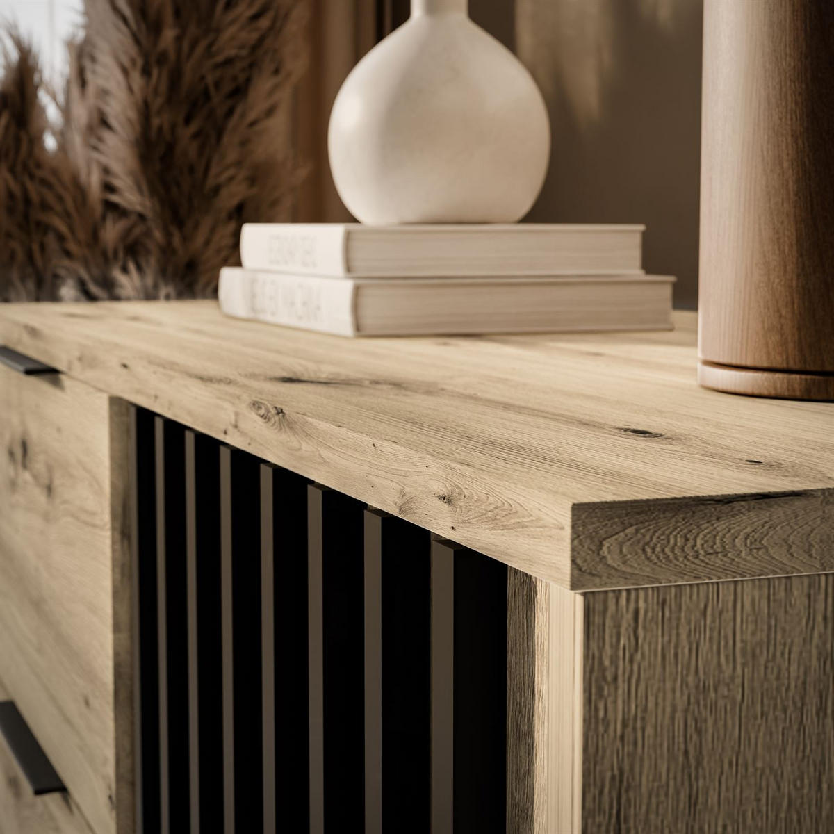 KOMMODE NELA mit Lamellen, Artisan/Schwarz - Eiche Artisan, Holzwerkstoff (105/86/45cm) - Lookway