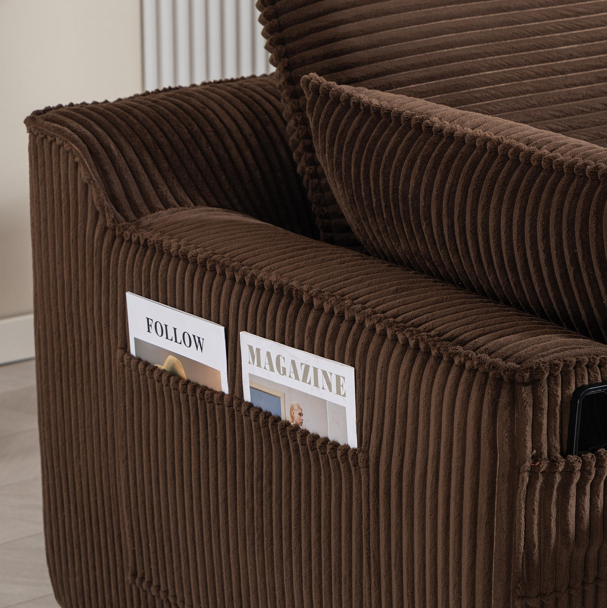 ECKSOFA aus Cord 263x167x85 cm Braun mit Hocker, Seitentaschen und Federkern - Braun, Textil (263/167cm) - Modfu
