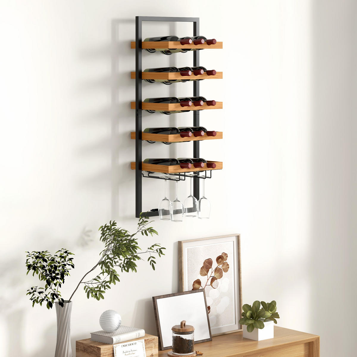 WEINREGAL stapelbar, wandmontierbares Flaschenregal mit 5 Ablagen, Glashaltern - Braun, Textil (25/86/35cm) - HOMCOM