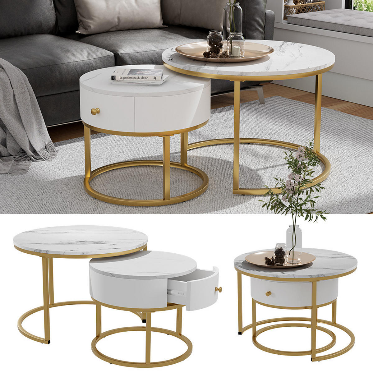 COUCHTISCH-SET Madrid Marmor Weiß 70 x 70 cm , kleiner Tisch mit Schublade - Weiß Hochglanz, Holzwerkstoff (70/70/48cm) - Vicco
