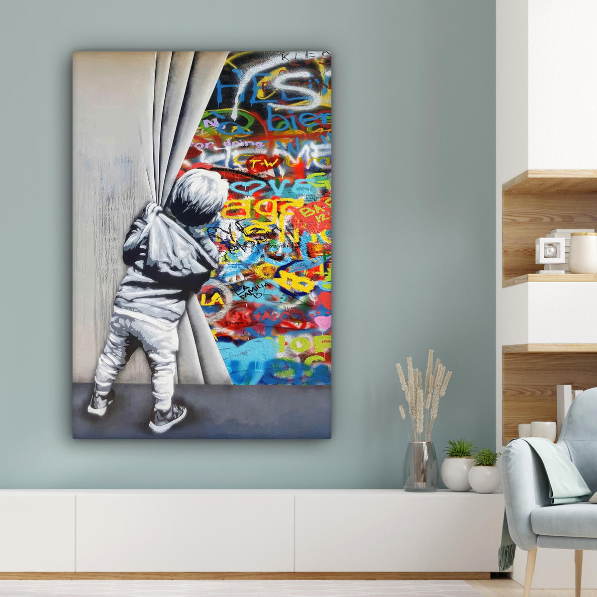 LEINWANDBILD Graffiti - Junge - Ilussie - Straßenkunst 90x140 cm - Hellgrau, Textil (90/140cm) - MuchoWow