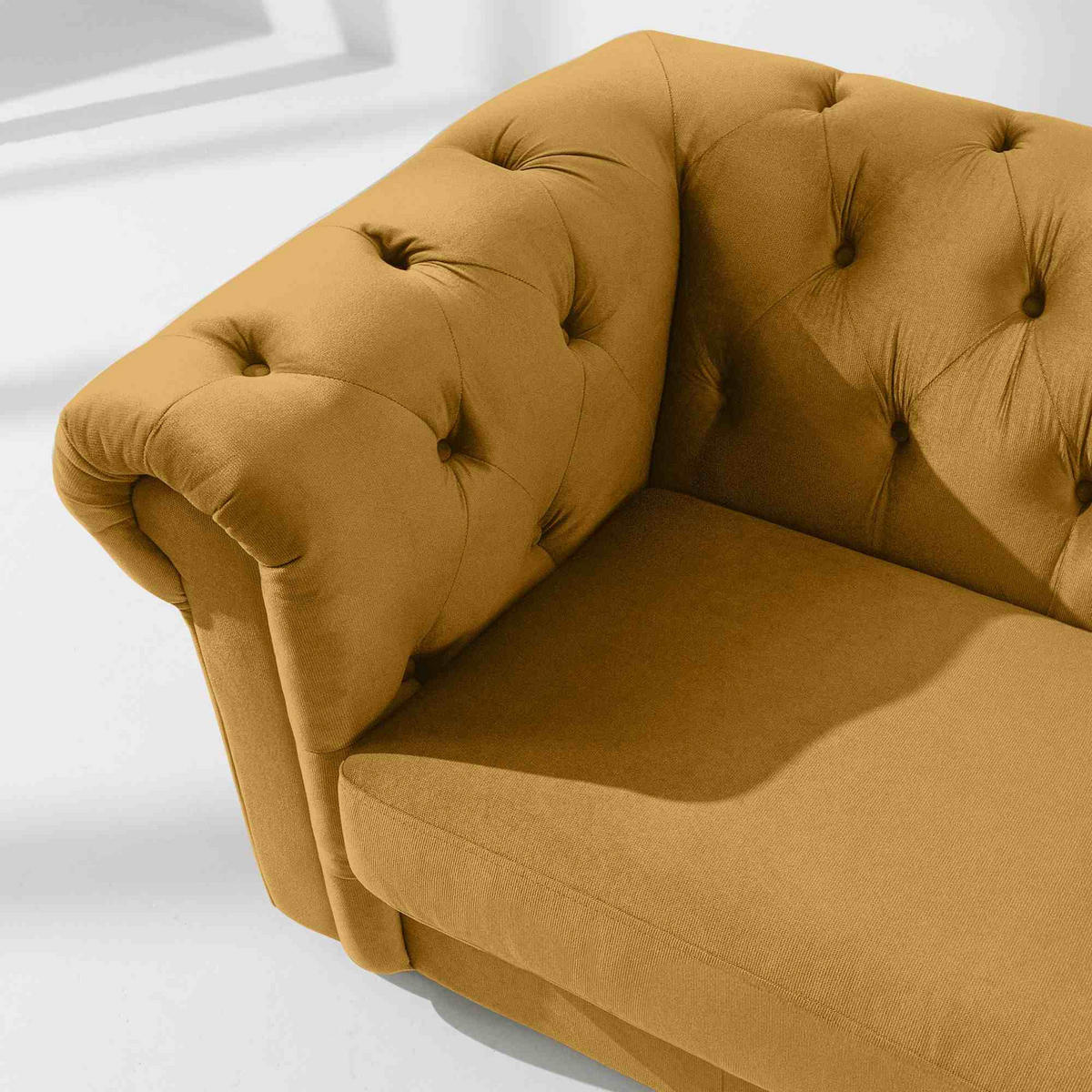 3-SITZER-SOFA GRAVO Chesterfield, Velours - Wengefarben/Gelb, Leder/Holz (202/72/95cm) - KONSIMO®