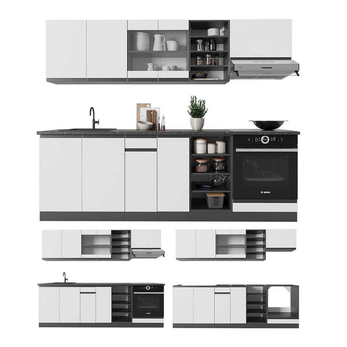 KÜCHENZEILE R-Line Weiß/Anthrazit 240 cm, AP Marmor - Anthrazit/Weiß, Holzwerkstoff (240/81.6/60cm) - Vicco