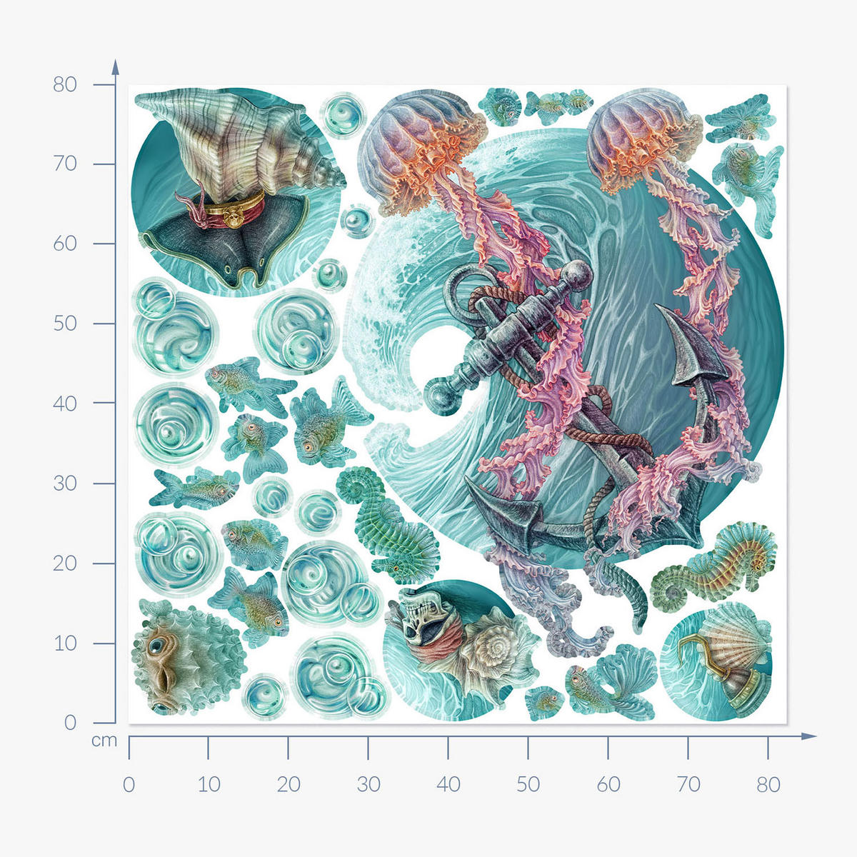 WANDAUFKLEBER 80x82cm - Die Welt der Quallen - Multicolor, Kunststoff (80/82/0.1cm) - Wallfluent