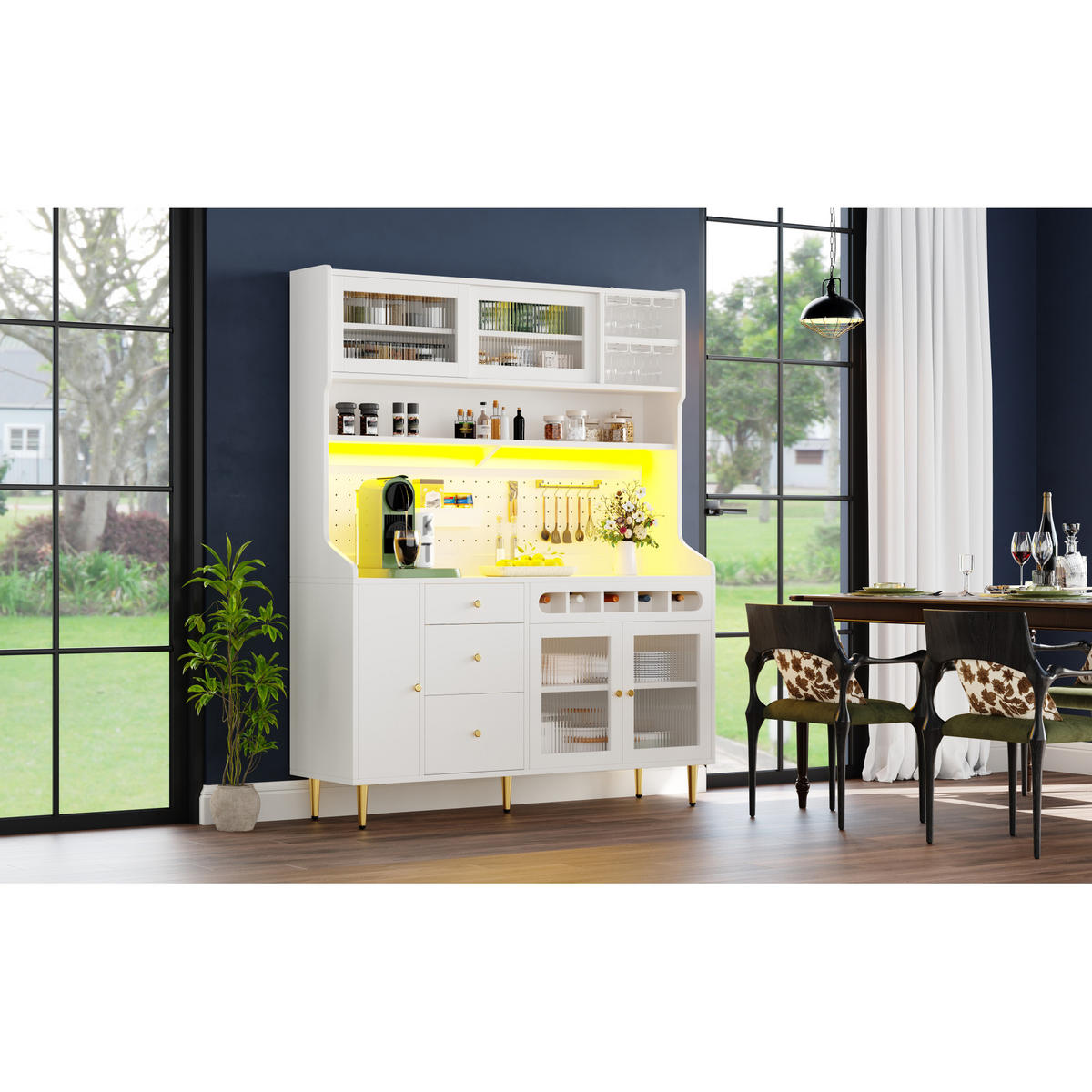 KÜCHENSCHRANK 145x39x171 cm, LED-Beleuchtung, Schiebetüren, Weinregal, Weiß - Weiß, Holzwerkstoff (145/171/39cm) - FOHERE