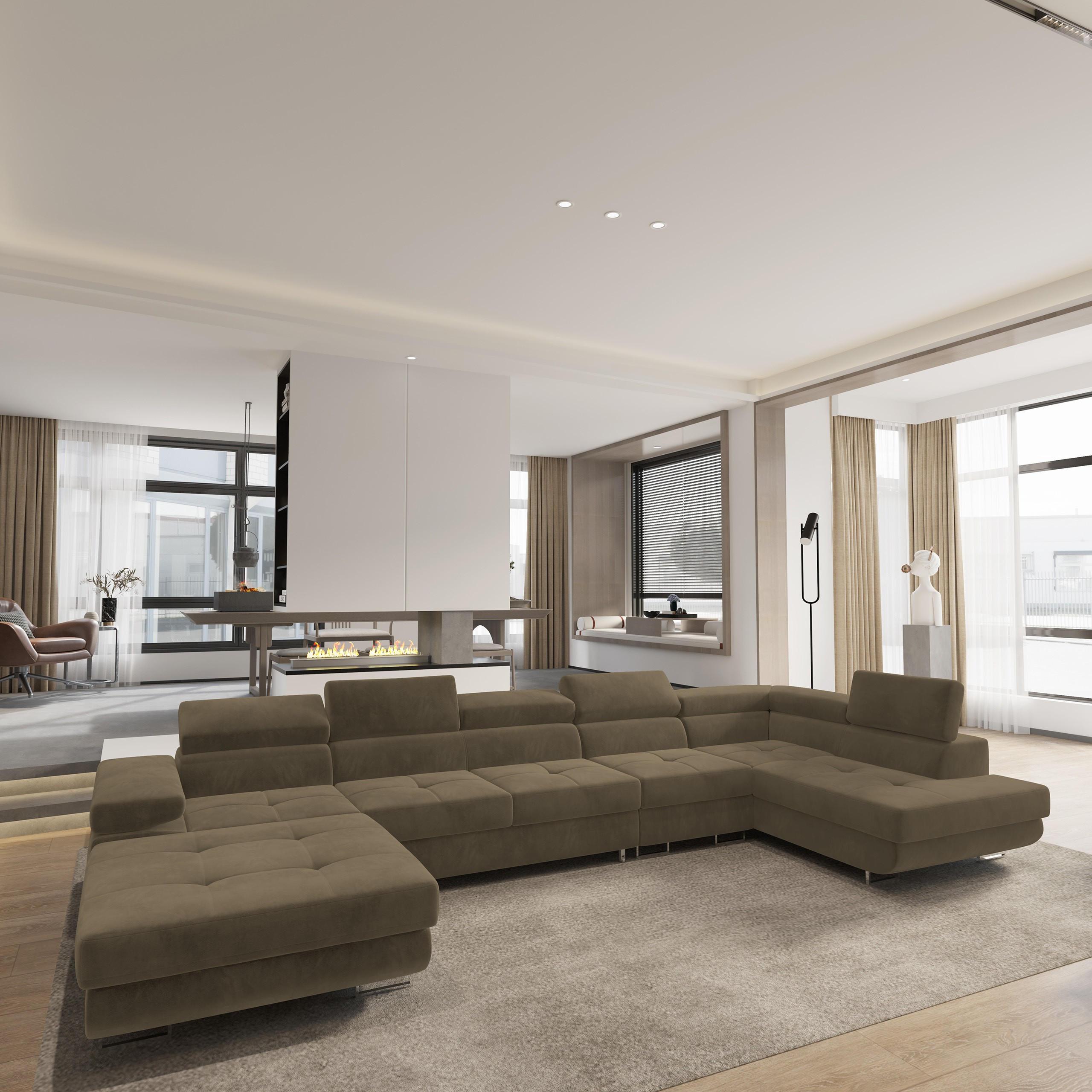 WOHNLANDSCHAFT VELORA R-S Beige Velours-Stoff mit Schlaffunktion - Beige, Holz (419/90/202cm) - MASSENO