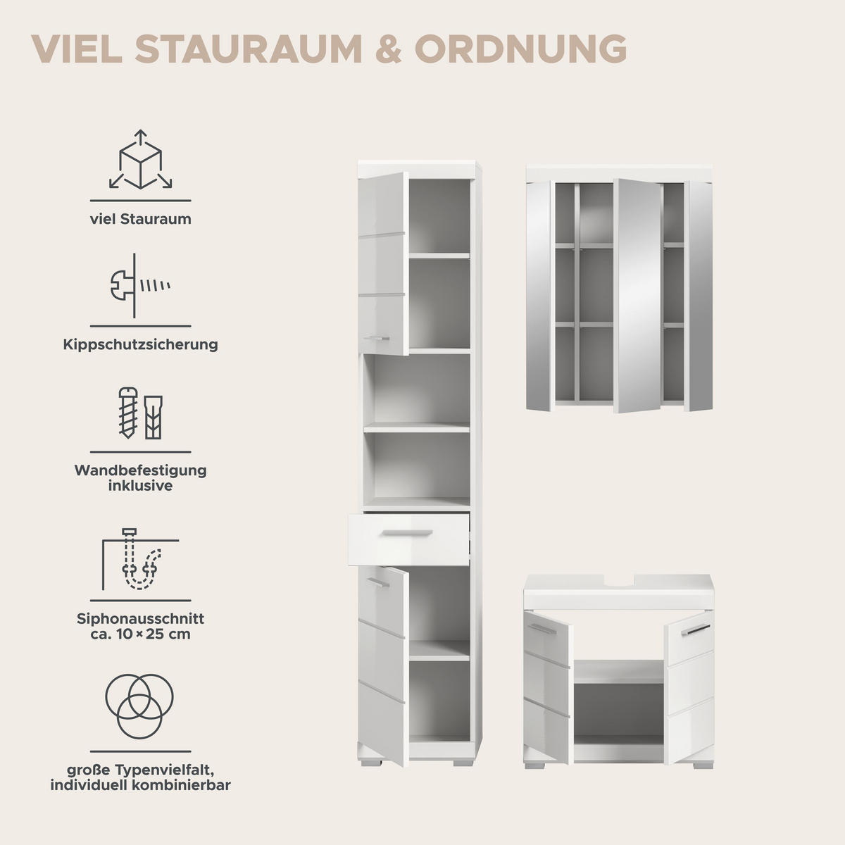 BADKOMBINATION 3tlg. Scout Bad in weiß Nachbildung und weiß hochglanz B/H/T: 112x191x34 cm - Weiß, Holz (112/191/34cm)