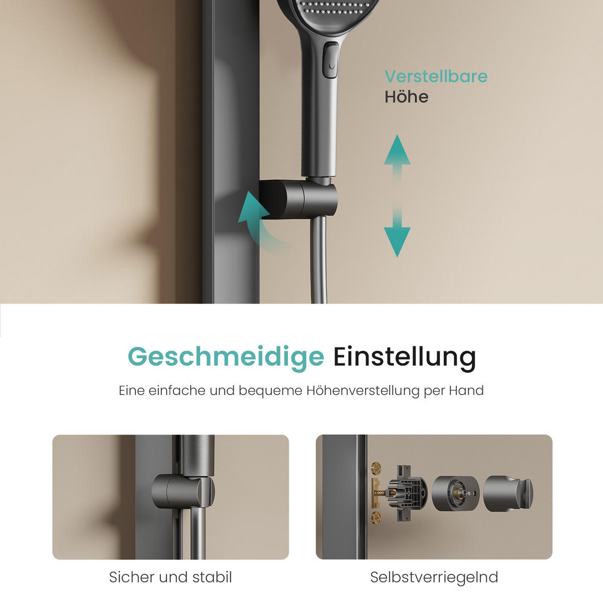 ÜBERKOPFBRAUSESET mit Drei Wasserauslassmethoden Thermostat Hebbar Anthrazit - Anthrazit, Metall (43.7/112.2/62.5cm) - EMKE