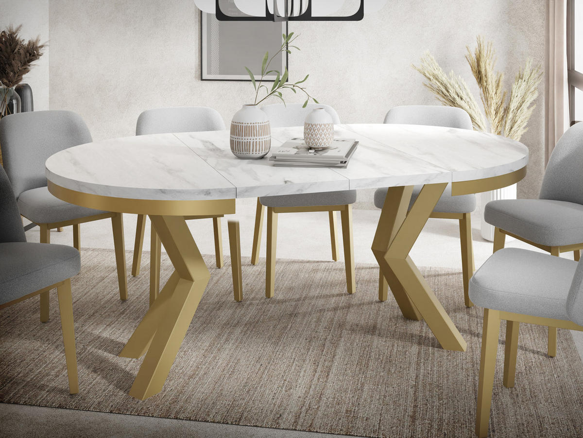 ESSTISCH Clara Gold runder ausziehbarer, Marmor Weiß 100-180/100/76 cm - Ecru/Goldfarben, Holzwerkstoff/Metall (100/100/76cm) - WFL GROUP
