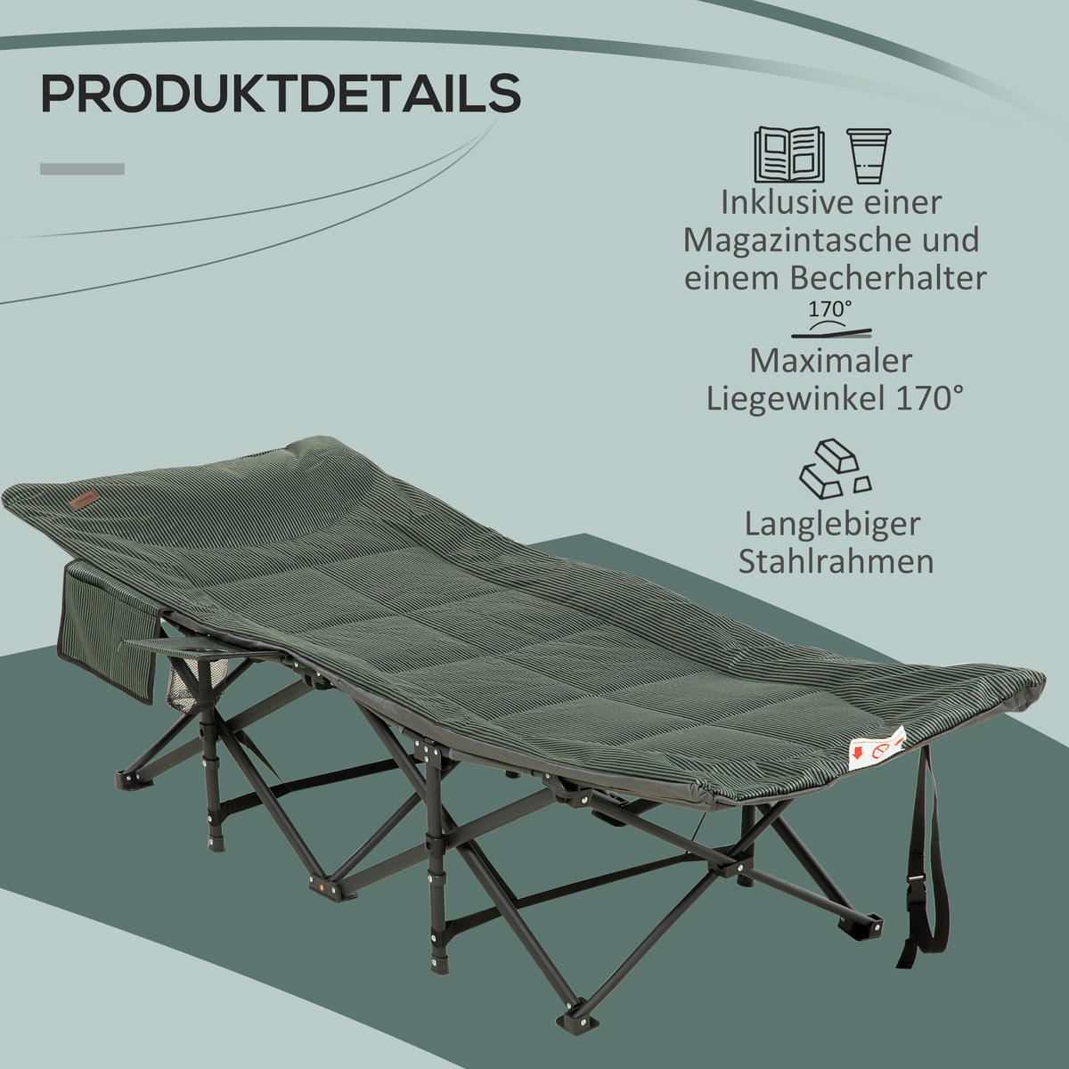 CAMPINGLIEGE mit Tasche, bis 120 kg, Grau, 68 x 186 x 48cm - Grau, Metall (186/48/68cm) - Outsunny