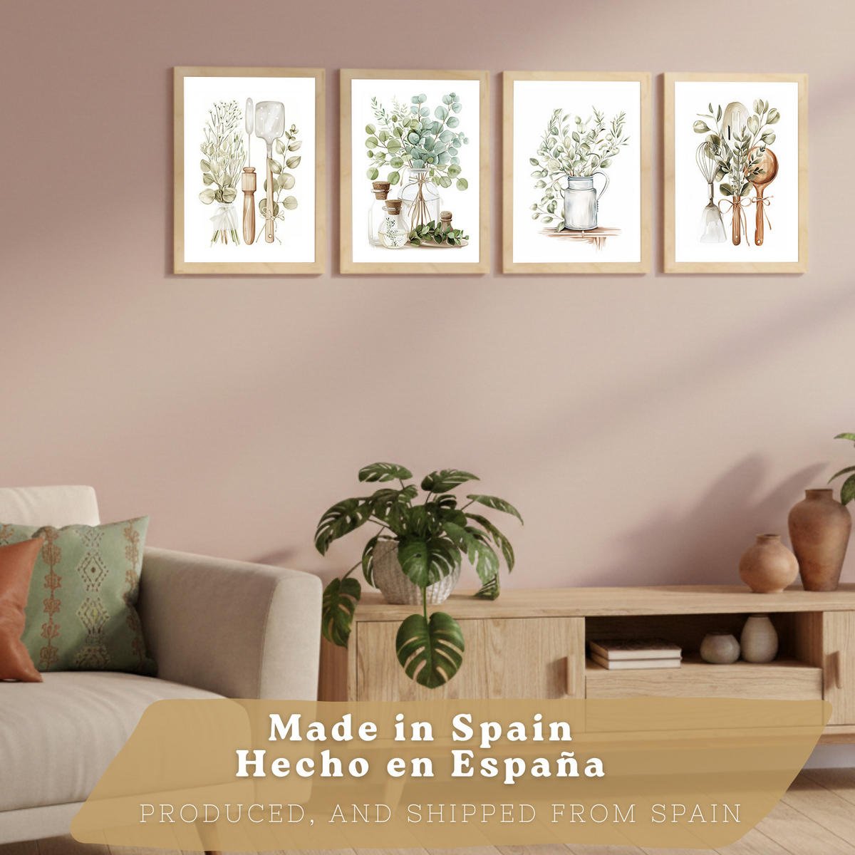 PLAKAT Sada 4 dekorativních nástěnných tisků, Botanická kuchyně. Bohémský venkovský styl. Rustikální kuchyně. Velikost Světlý dřevěný rám A3 - béžová, papír (29.7/42/3cm) - Nacnic