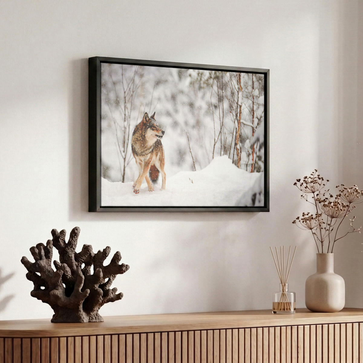 LEINWAND Bilder mit Rahmen - Wolf - Winter - Schnee - Natur - Tiere - 30x20 - Haselnussfarben, Textil (30/20cm) - MuchoWow