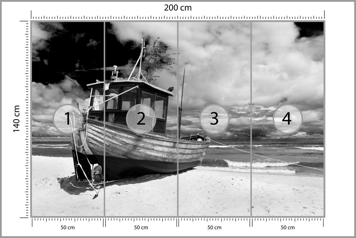 FOTOTAPETE für Wohnzimmer Schwarz-Weiß Boot Strand Meer 200x140 - Schwarz/Weiß, Papier (200/140cm) - Muralo
