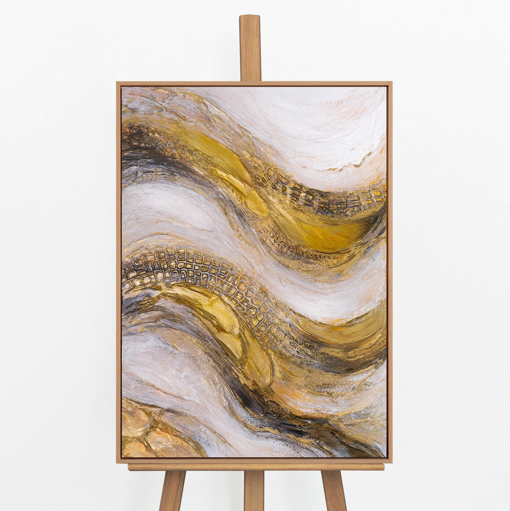 GEMÄLDE Goldene Wellen Schattenfugenrahmen Eichefarben 70x50 cm - Eichefarben, Holz (70/50cm) - YS-art gallery