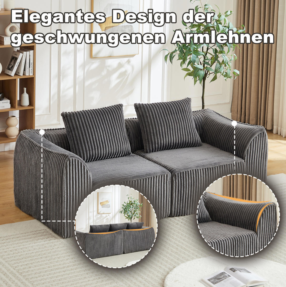 SOFA modular Cord Grau mit Kissen - Grau, Kunststoff (101/72.5/185cm) - Meubliv
