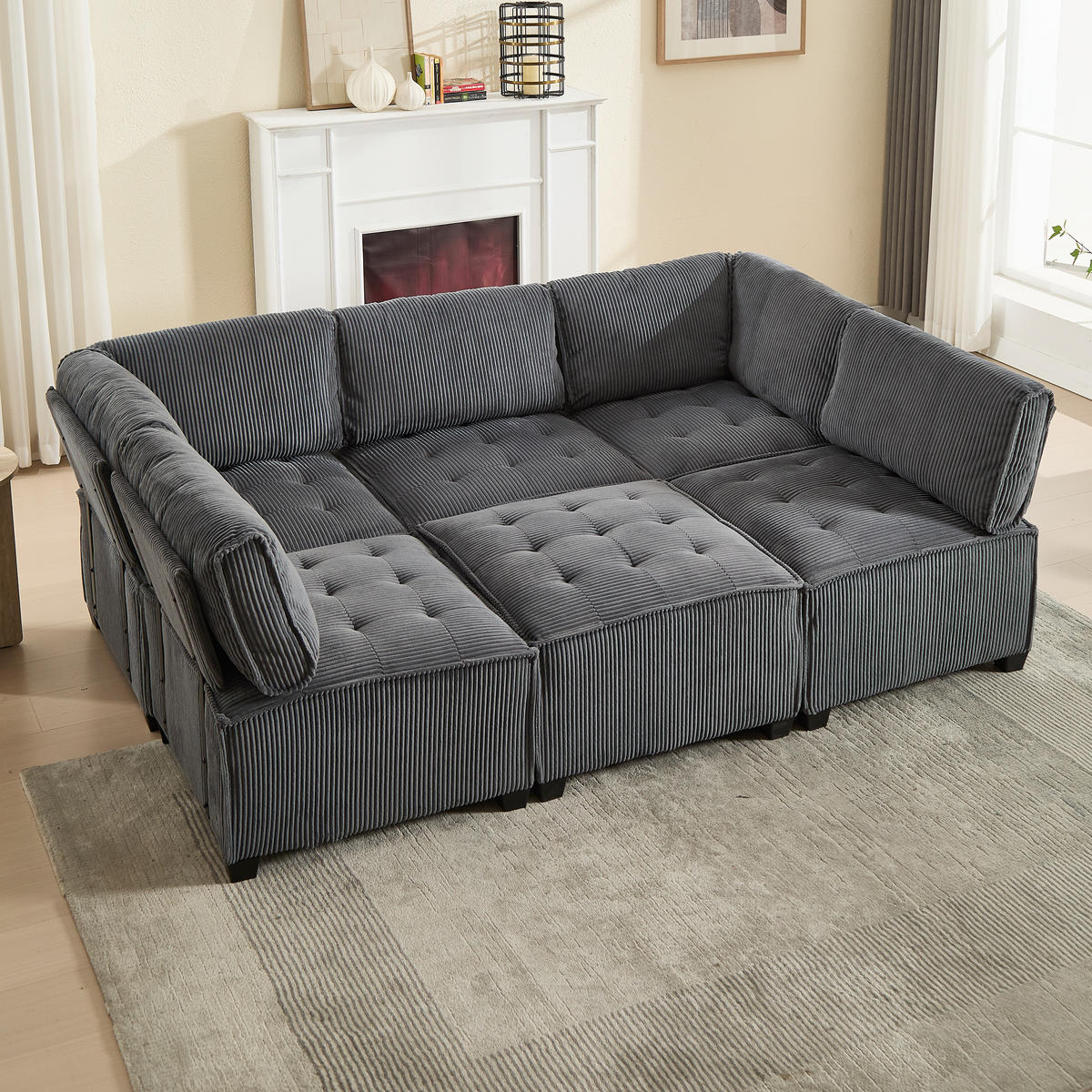 WOHNLANDSCHAFT 6-Sitzer Cord Grau mit Seitentaschen - Grau, Holzwerkstoff/Kunststoff (308/82/154cm) - WISHDOR