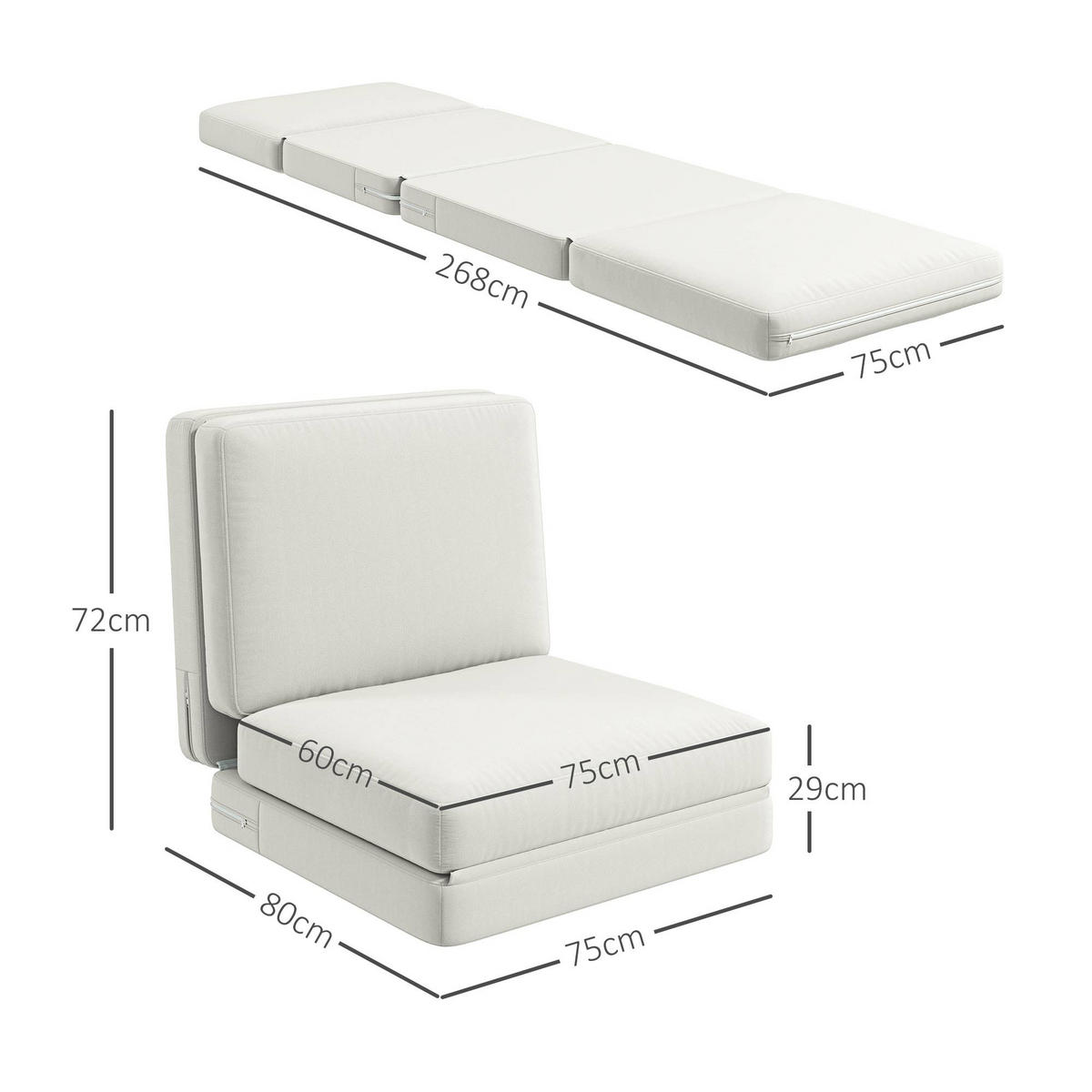 BODENSOFA 3-in-1, bis 240 kg belastbar, Cremeweiß - Weiß, Kunststoff (268/18/75cm) - HOMCOM