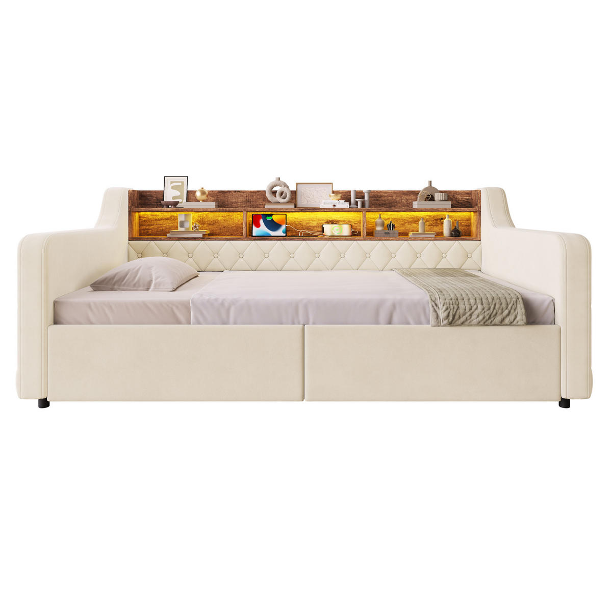 POLSTERBETT aus Velvet 90x190 cm Beige mit LED-Beleuchtung, Ladefunktion und 2 Schubladen - Beige, Textil (90/190cm) - Modfu