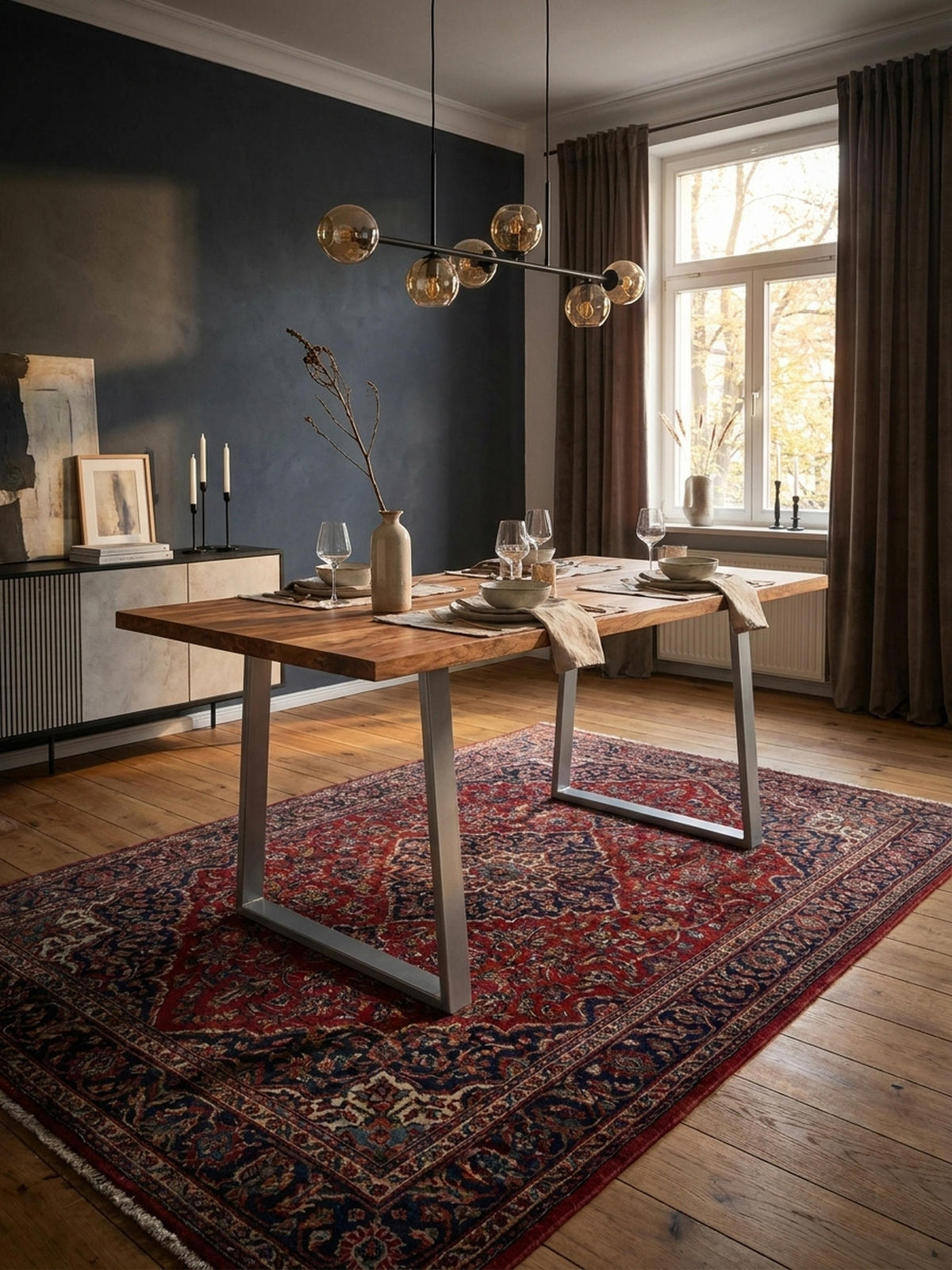 ESSTISCH Massivholz Baumkante Metallgestell Handgefertigt TARN, Goldbraun-Chrom 140x80x76 cm - Chromfarben/Braun, Holz/Metall (80/140/76cm) - KADIMA DESIGN