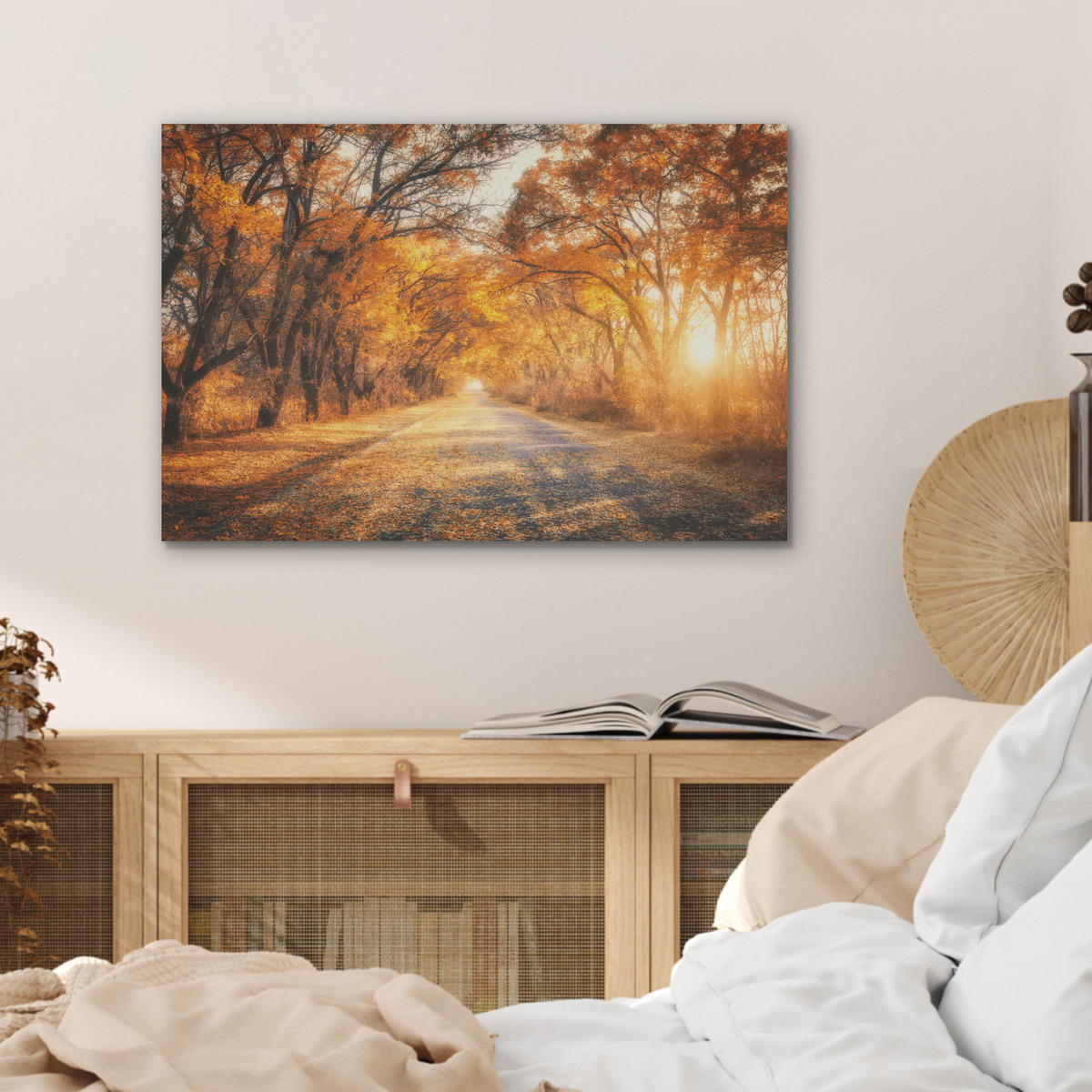 AKUSTIKBILD Wald - Herbst - Bäume - Waldweg - Natur Wanddeko 70x50 cm - Bernsteinfarben, Kunststoff (70/50/0.9cm) - MuchoWow