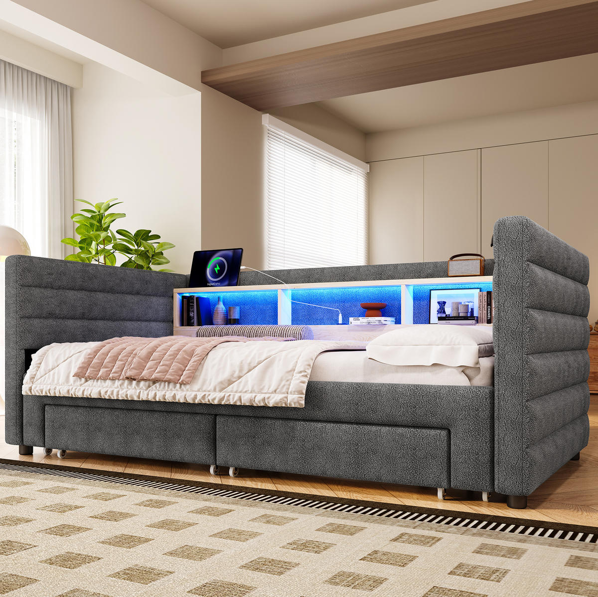 ROZKLADACIA posteľ 90/190 cm sivá zo zamatu a MDF s LED osvetlením portmi USB a typu C a zásuvkami - sivá, textil (90/190cm) - OKWISH