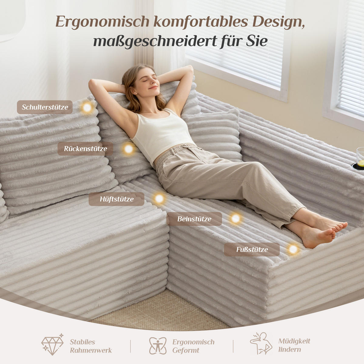 WOHNLANDSCHAFT 320/155/88 cm Hellgrau mit Getränkehalter und Seitentasche - Hellgrau, Textil (320/88/155cm) - Oxeza