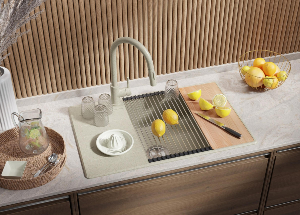 GRANITSPÜLE Kopenhagen, 2-er set Beige 78/50 cm 1 Becken + Küchenarmatur 40/20 cm + Ablauf-Set + Schneidebrett ab 60er Unterschrank - Beige, Kunststoff (78/20/50cm) - Primagran