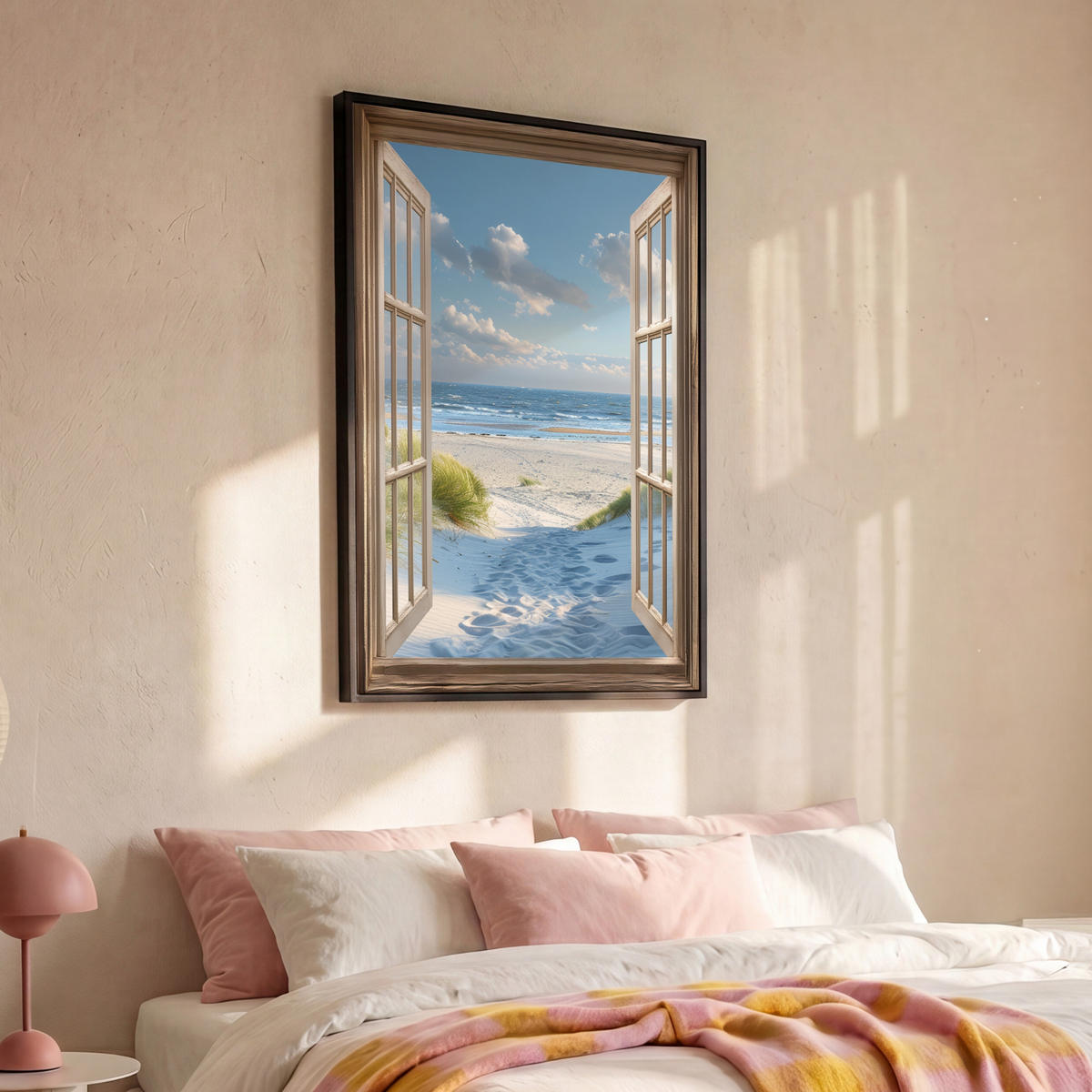 LEINWAND Bilder mit Rahmen - Aussicht - Strand - Fenster - Dünen - Meer - 100x150 - Hellblau, Textil (100/150cm) - MuchoWow