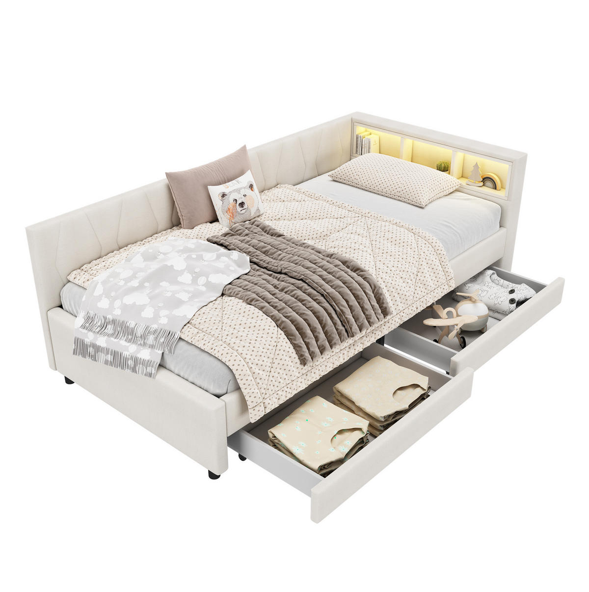 POLSTERBETT mit LED-Beleuchtung 90/200 cm – mit USB-C, Schubladen und Ablagefächern - Beige, Textil (90/200cm) - BEAOK