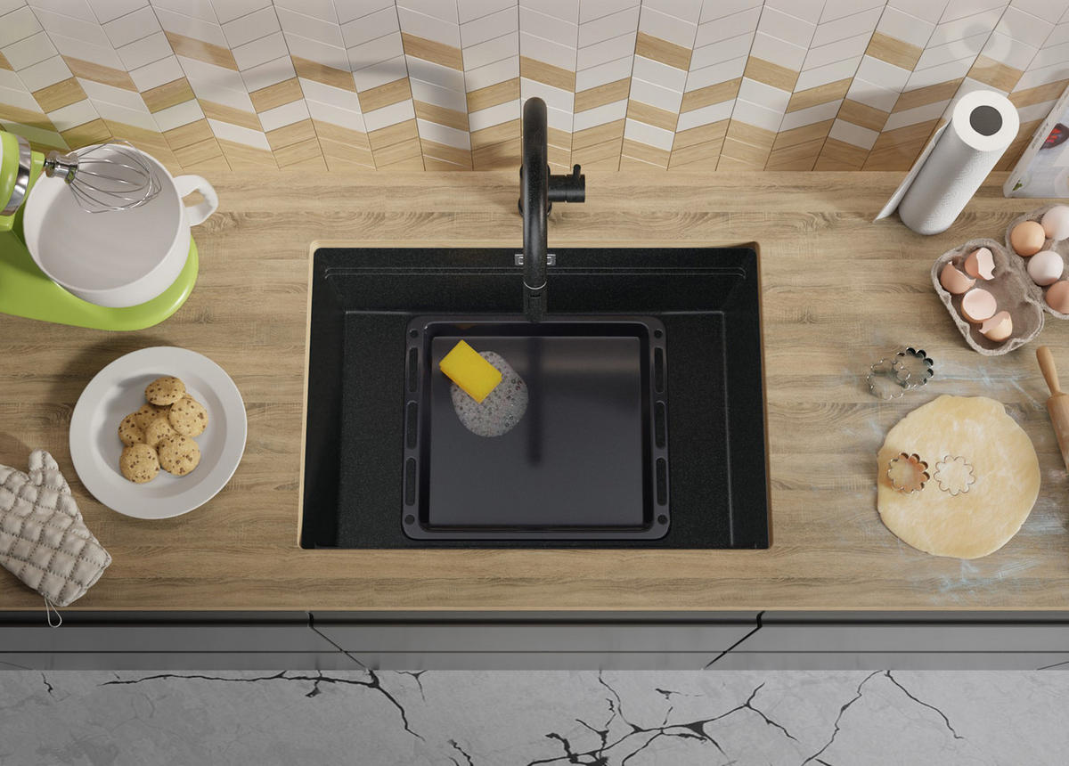 UNTERBAUSPÜLE GRANIT Praga, 2-er set Anthrazit 66/47 cm 1 Becken + Ablauf-Set + Aufrollbare Abtropffläche ab 70er Unterschrank - Chromfarben/Anthrazit, Kunststoff (66/20/47cm) - Primagran